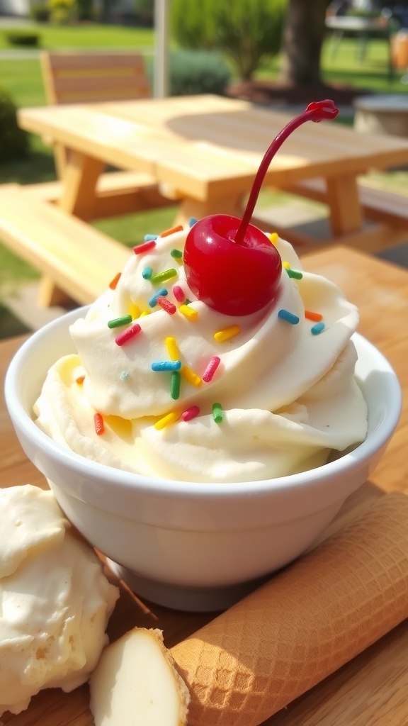 A bowl of vanilla ice cream with sprinkles and a cherry, alongside a waffle cone, set on a picnic table.